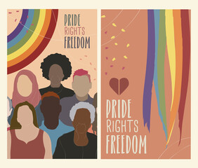 LGBT pride day posters with the rainbow flag, group of diverse people and the text Pride, Rights and Freedom. Vertical illustrations in flat style, vectored. 
