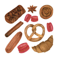 Watercolor bakery clipart collection. Hand drawn watercolor baked goods. Bagel, cinnamon, buns, croissant, anise, pretzel, eclair, pecan, macaroons. Isolated on white.