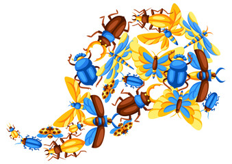 Background with insects. Stylized butterflies, beetles and dragonflies.