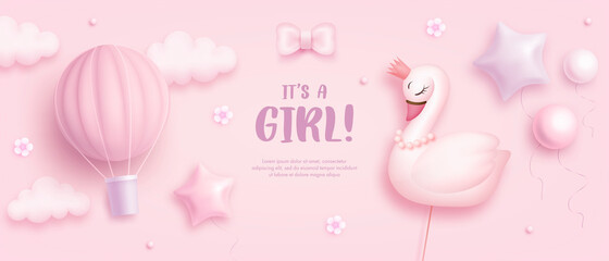 Baby shower horizontal banner with cartoon swan, hot air balloon, helium balloons and flowers on pink background. It's a girl. Vector illustration