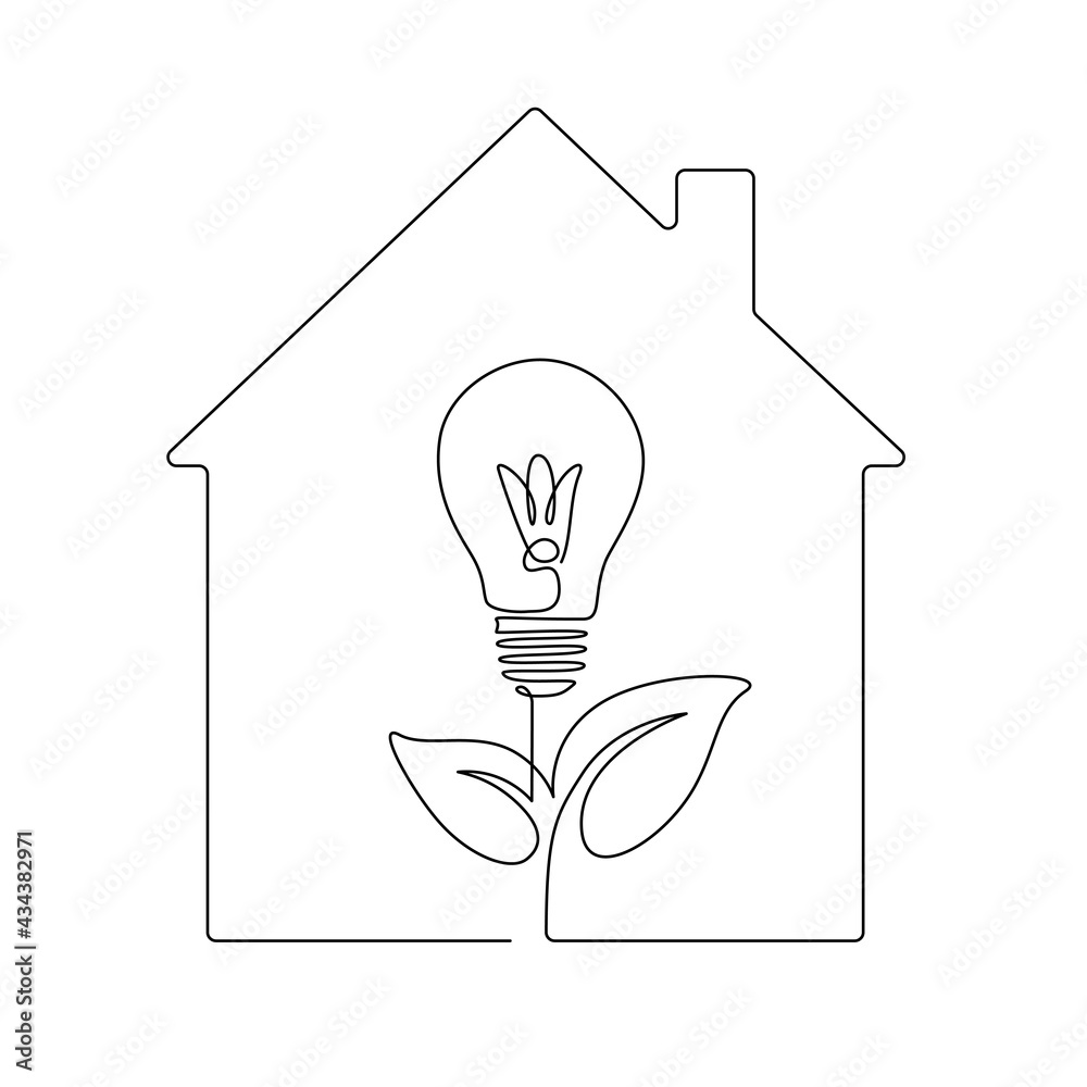 Aufkleber house and lightbulb like a plant in one line drawing. save energy concept in minimalistic style and 