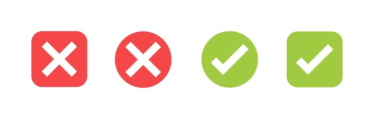 Obraz premium Check and cross icons with green and red colors. Approval check icon isolated on white background.