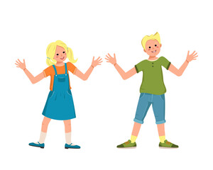 Boy in a shirt, shorts and girl in a skirt, shoes with blonde hair. Happy smiling kids dance, hug their hands. Teenagers with faces in casual clothes. World children day