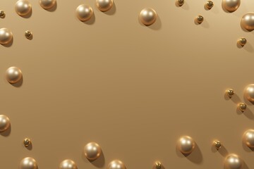 3d render of golden pearl balls frame on gold metallic background