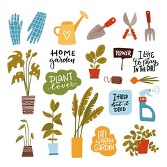 Set of home gardening tools isolated on white background. Bundle of equipment for agricultural work, houseplant cultivation or transplantation, work in home garden. Flat cartoon vector illustration. © LanaSham