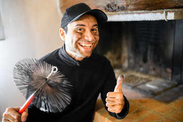 Young chimney sweep portrait in a house giving thumbs up