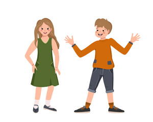 A boy in a shirt, shorts and a girl in a dress, shoes with light brown hair. Happy smiling kids rejoice. Teenagers with faces in casual clothes. World children day