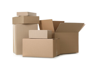 Pile of cardboard boxes on white background