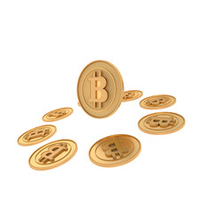 Realistic golden Bitcoin explosion or circle splash on white background. Cryptocurrency 3d illustration.