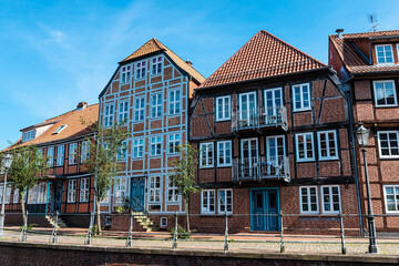 Fototapeta premium Street with medieval houses in Stade, Germany