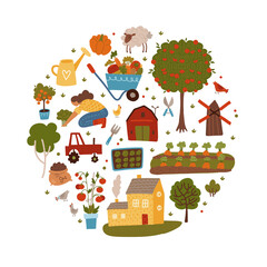 Farmer, Agriculture and Farming Round shape Concept. Cultivate, Countryside, Field, Rural, People, houses and tools flat vector hand drawn illustration.