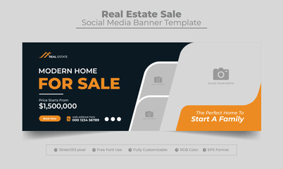Real estate facebook cover photo template or web banner for home for sale 