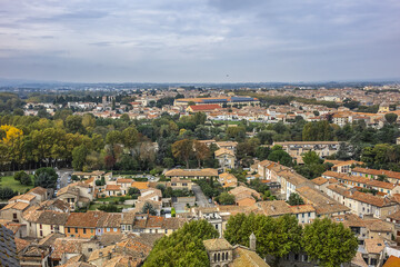 Top view of medieval city of Carcassonne. Carcassonne, Aude Department, region of Occitanie, France.