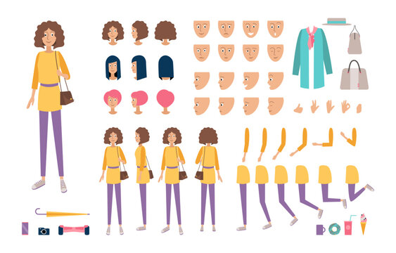 Young woman character constructor. Set of flat parts of female characters for animation in a flat style. Body parts, facial gestures, hairstyles. Front, side, back view. Vector illustration.