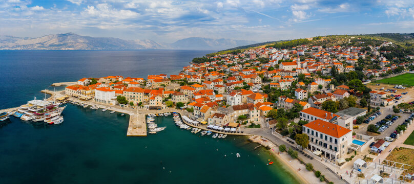 Aerial panoramic drone view on village Postira on Brac island, Croatia. August 2020