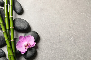 Fototapeta na wymiar Spa stones, beautiful orchid flower and bamboo stems on light grey table, flat lay. Space for text