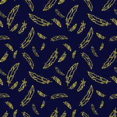 Vector seamless pattern with yellow feathers on a dark blue background. Perfect for printing on fabric, paper.