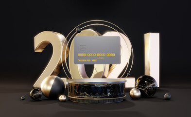 Card black and gold 2021 3D composition