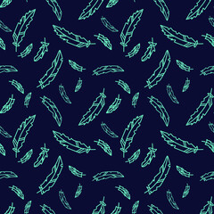 Vector seamless pattern with turquoise feathers on a dark blue background. Perfect for printing on fabric, paper.