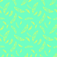 Vector seamless pattern with yellow feathers on a bright blue background. Perfect for printing on fabric, paper.