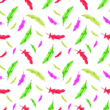 Vector seamless pattern with multicolored bright feathers on a white background. Perfect for printing on fabric, paper.