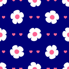 Seamless pattern with hearts and flowers. Cute print for girls. Cartoon vector illustration.