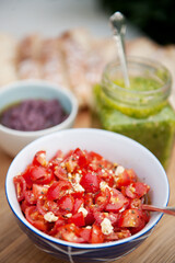 Home made dips, salsa, chutney, and fresh baked bread.