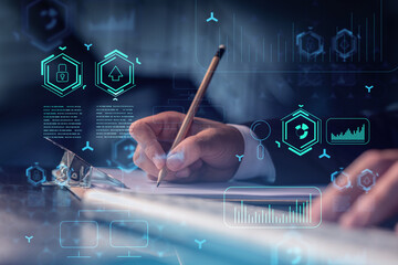 Hands writing down some ideas to create innovative software to change the world and provide a completely new service. Close up shot. Hologram tech graphs. Concept of Dev team. Formal wear.