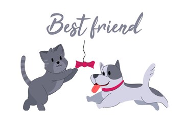 Cute cat and dog on a postcard in vintage style creative design You are my best friend dark brown and light cats vector illustration.