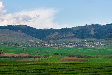 Fototapeta na wymiar Spring landscape with settlement and field, Armenia