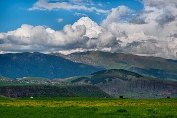 Fototapeta na wymiar Spring landscape with settlement and field, Armenia