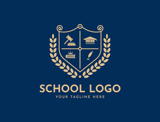 Bachelor hat, leaf, book, or crown icons. Vector golden wreath Logo Template. Beautiful badge design for high school education graduates in maritime science, law, study, university, or business.