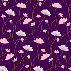 A pattern of pink flowers. Floral style. Print for use on wrapping paper, fabric, covers, brochures and flyers. Vector illustration on purple background