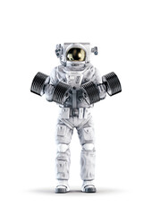 Fitness astronaut with dumbbells / 3D illustration of space suit wearing male figure lifting heavy dumbbell pair isolated on white studio background