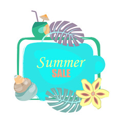 Banner Summer Sale. Retro style frame with monstera leaves, jasmine, seashell and exotic drink 3