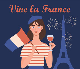 A cute girl smiles, holds the flag of France and a glass of wine. Text "Vive la France". A festive illustration for the French National Celebration on July 14.