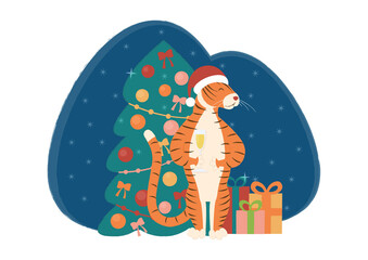 A cute orange tiger wearing a santa claus hat smiles and holds a glass of champagne. Christmas tree with decorations on the background. New Year and Christmas illustration. 2022 new year of the tiger