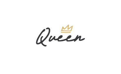 Queen word lettering with gold doodle crown. Vector illustration, calligraphic style text.