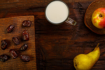 Iftar food for holy Ramadan dates, fruits and ayran.