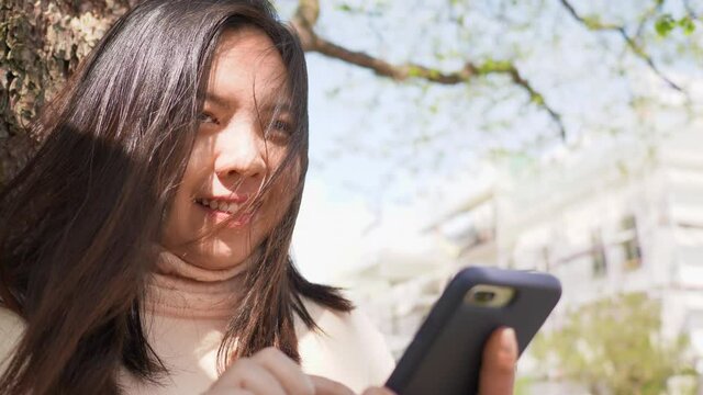 Close up of a Asian woman with black straight hair and happy face. Standing and using her smart phone  to searching something at park on the weekend. Big tree