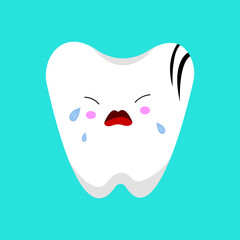 white tooth with dark cracks cartoon character crying in pain on a blue background