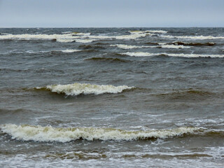 Baltic sea waves during a spring storm: gray blue sea, huge white waves