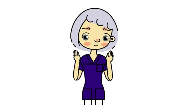Female nurse perform hygienic hand disinfection and wearing face mask on white background 24 second. cartoon animation.