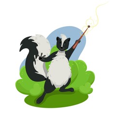 Cute funny skunk holding a magic wand, wild animals, vector character in cartoon style, clip art on a white background.