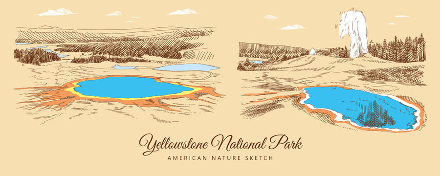 Color sketch of Yellowstone National Park's nature and lakes, USA, hand-drawn.