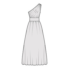 Dress one shoulder technical fashion illustration with fitted body, floor maxi length circular skirt. Flat evening apparel front, grey color style. Women, men unisex CAD mockup