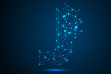 Obraz premium The destruction of the abstract font of letters consists 3d of triangles, lines, dots and connections. On a dark blue background cosmic universe stars, meteorites, galaxies. Vector eps 10.