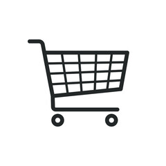 Shopping cart icon symbol. Flat shape trolley web store button. Online shop logo sign. Vector illustration image. Black silhouette isolated on white background.