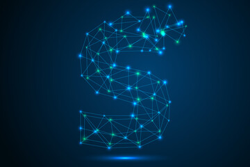 The destruction of the abstract font of  letters consists 3d of triangles, lines, dots and connections. On a dark blue background cosmic universe stars, meteorites, galaxies. Vector eps 10.