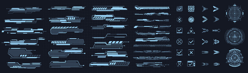 HUD interface icon vector illustration set. Circle and rectangular shape borders and Callouts titles, frame in Sci- Fi style. Information call box bars, modern info. Holographic UI, GUI, FUI elements